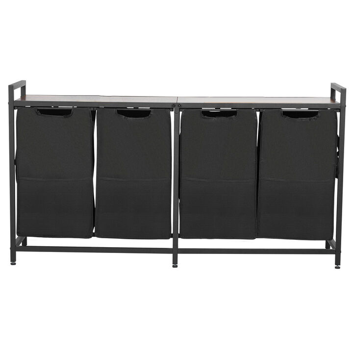 4 Section Laundry Sorter, Hamper with Wooden Top, Pull-Out Bags