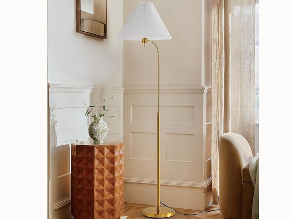 63" Mid-Century Floor Lamp – Brass Arc, Pleated Shade, Gold Finish, LED Ready