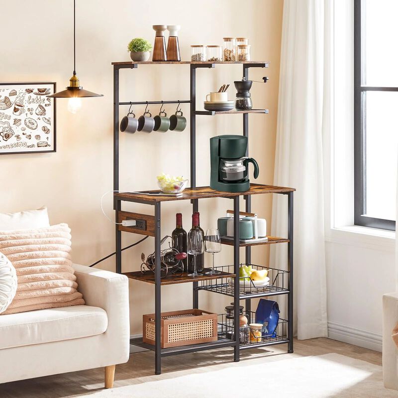 Kitchen Bakers Rack with 6 Tiers and Built-In Power Outlets for Appliances-Brown image number 4