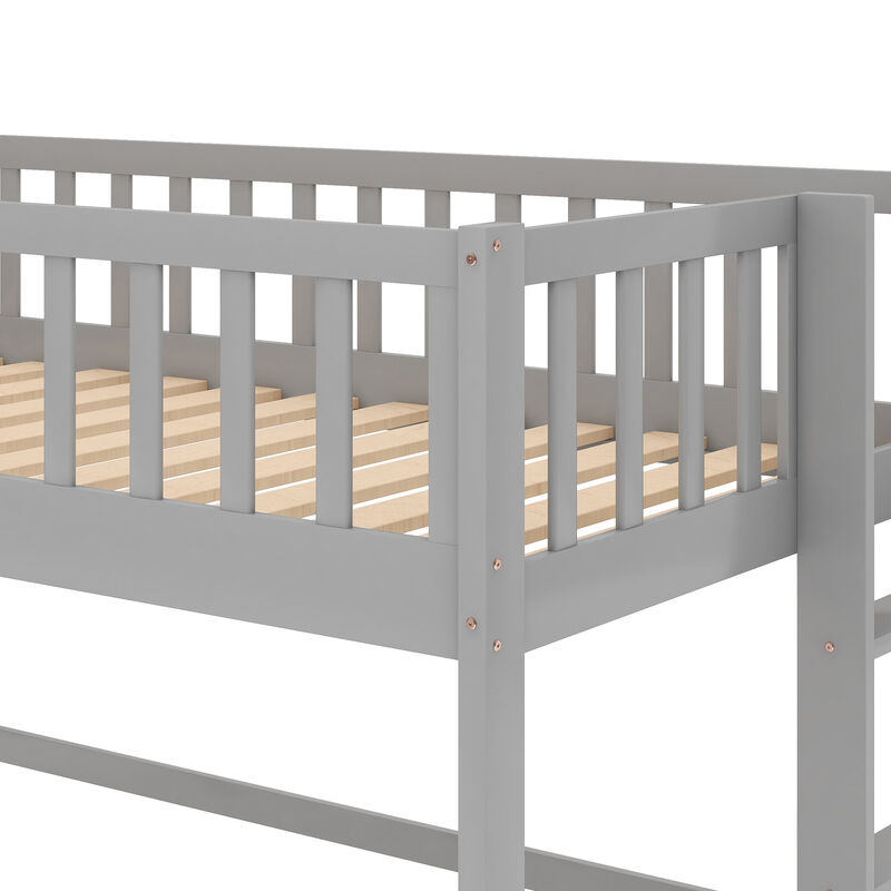 Whisen Twin Size Wood Low Loft Bed with Ladder and Slide - Gray