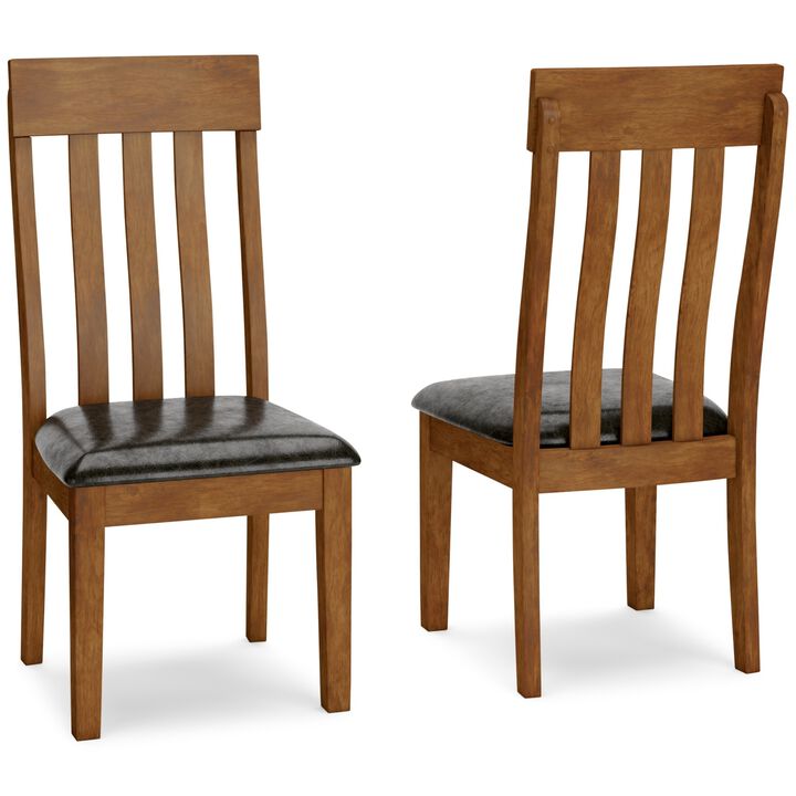 Raly Dining Side Chair Set of 2, Brown Faux Leather Seat, Slated Back - Benzara