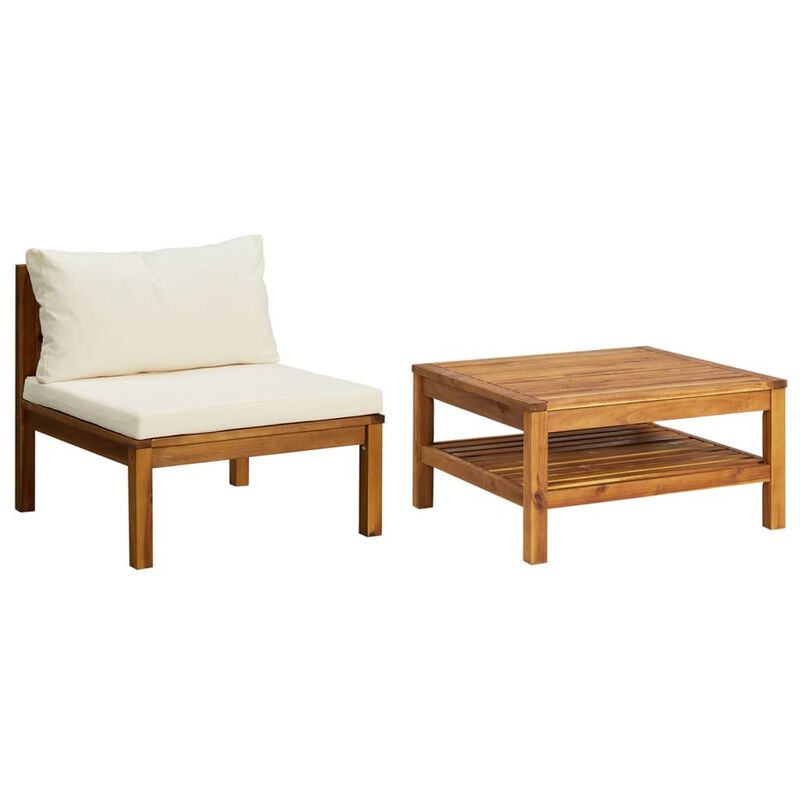 2pc Outdoor Patio Sofa and Table Set, Ivory Cushion, Brown Acacia Wood - Benzara