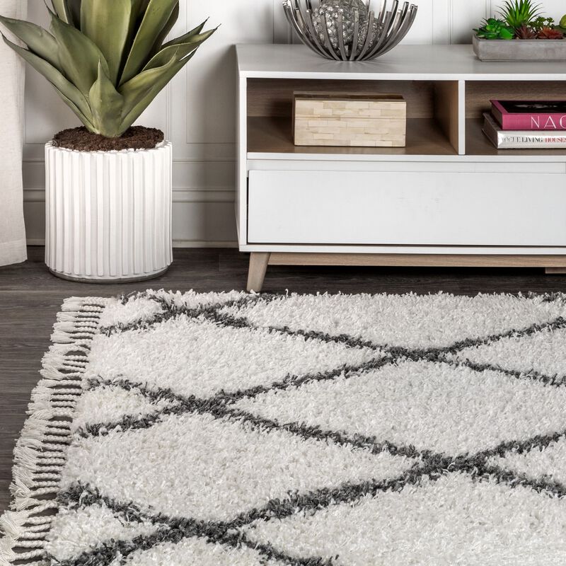 Gabrielle Mercer Shag Plush Tassel Moroccan Geometric Trellis Area Rug