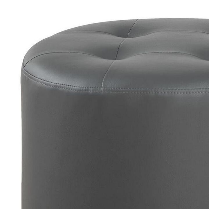 Round Leatherette Swivel Ottoman with Tufted Seat, Gray and Black-Benzara