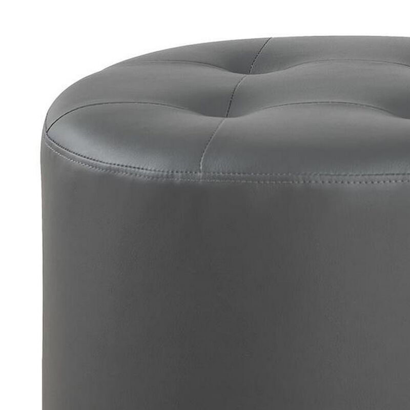 Round Leatherette Swivel Ottoman with Tufted Seat, Gray and Black-Benzara