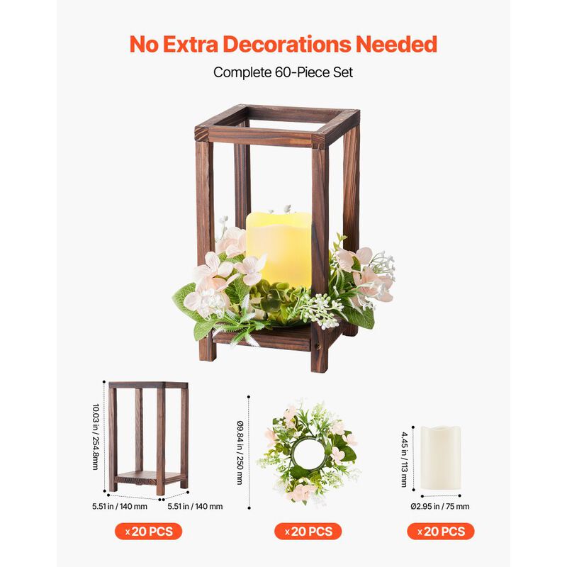 60-Piece Wedding Table Centerpiece Kit with Wooden Lanterns, LED Candles and Wreaths-Brown image number 2