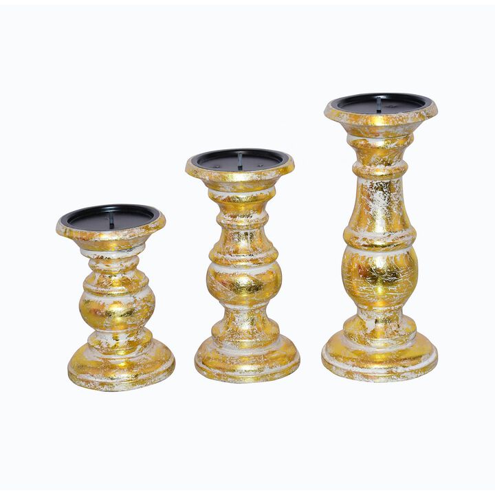 Wooden Candleholder with Turned Pedestal Base, Set of 3, Distressed Gold-Benzara