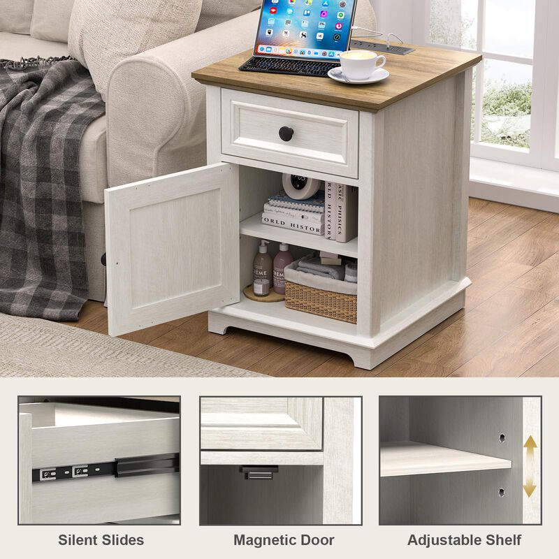 REDAYFUR End Table with Charging Station, Fast Charge, End Table with Drawer, Big Storage Side Table for Living Room/Bedroom, Wh