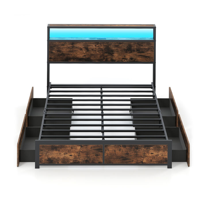 Bed Frame with LED Lights, Charging Station and 4 Drawers