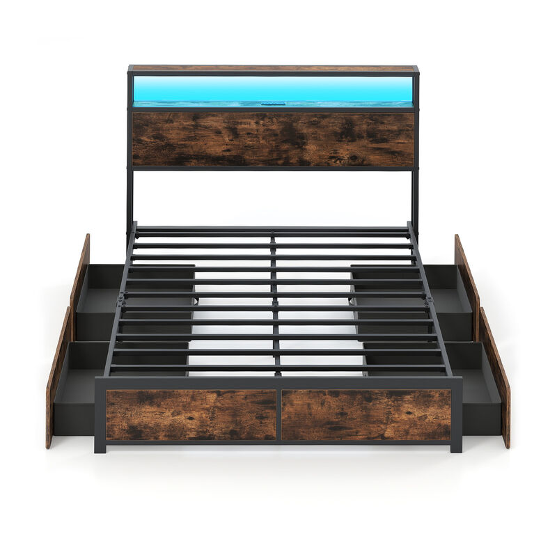 Bed Frame with LED Lights, Charging Station and 4 Drawers image number 0