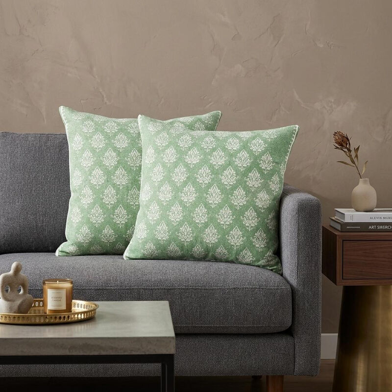 HomeRoots Set of Two 20" Green And Off White Damask Cotton Throw Pillows image number 1