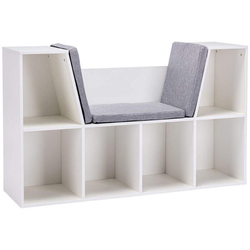 White Kids' Organizer: 6-Cubby Wooden Bookshelf with Cushion