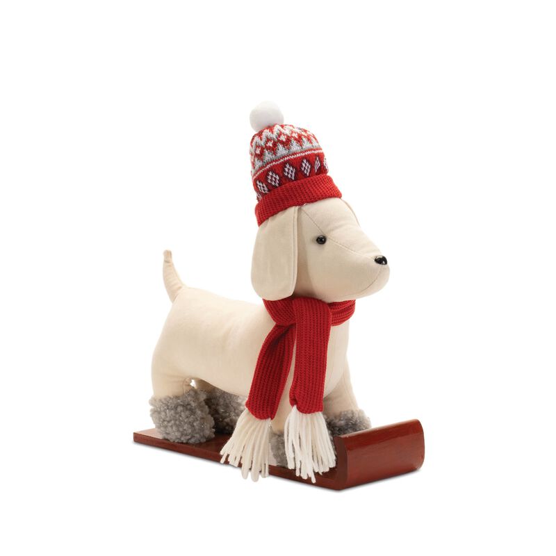 Set of 2 Plush Dog Winter Figurines – Holiday Dogs on Sled & Skis for Whimsical Christmas Shelf or Mantel Decorations