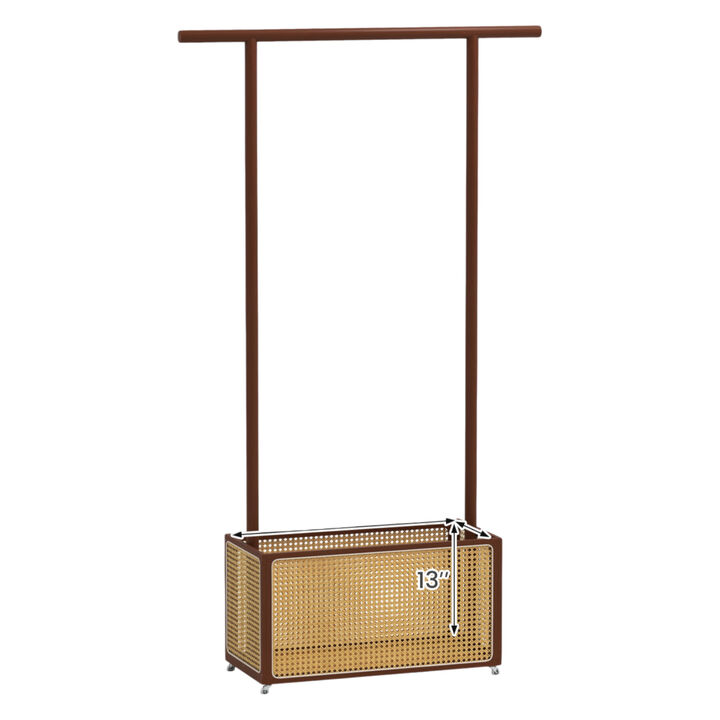 Rattan Wicker Clothes Rack with Storage Basket and Rolling Wheels