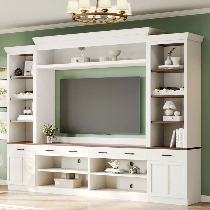 Clihome Farmhouse 4-Piece Entertainment Center TV Stand with Bookshelf and Wine Rack for Living Room