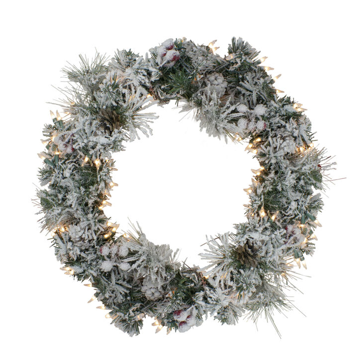 Pre-lit Heavily Flocked Berries and Pine Cones Artificial Christmas Wreath - 24-Inch  Clear Lights