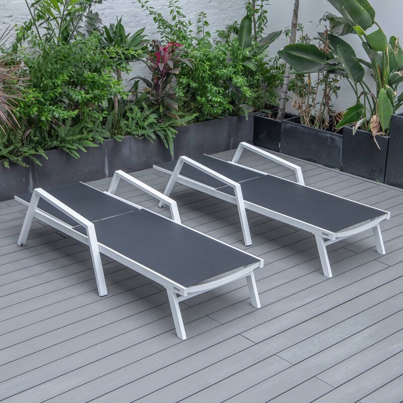 LeisureMod Marlin Adjustable Patio Chaise Lounge Chair with Armrests &ndash; White Aluminum Set of 2