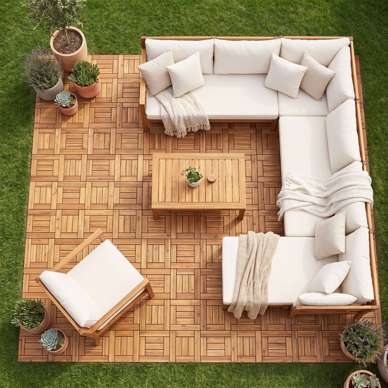 27 Piece Interlocking Wood Deck Tiles for Backyard Patio Porch and Poolside-Natural image number 1