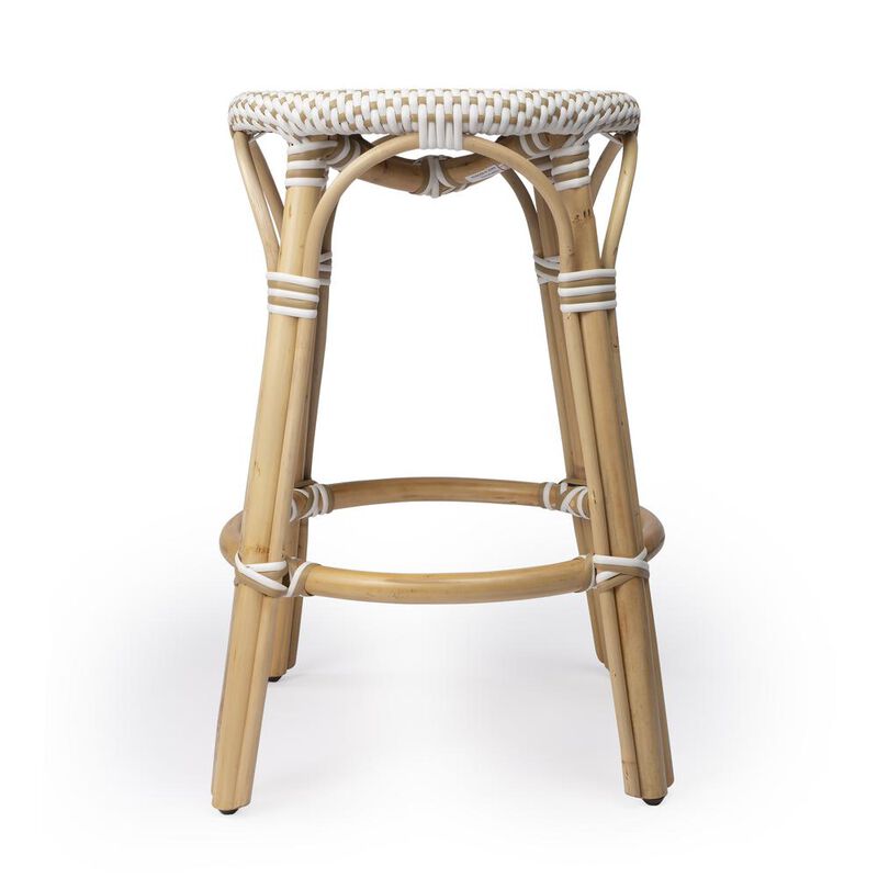 Butler Specialty Tobias Rattan Round 24 Counter Stool, White and Tan Dot