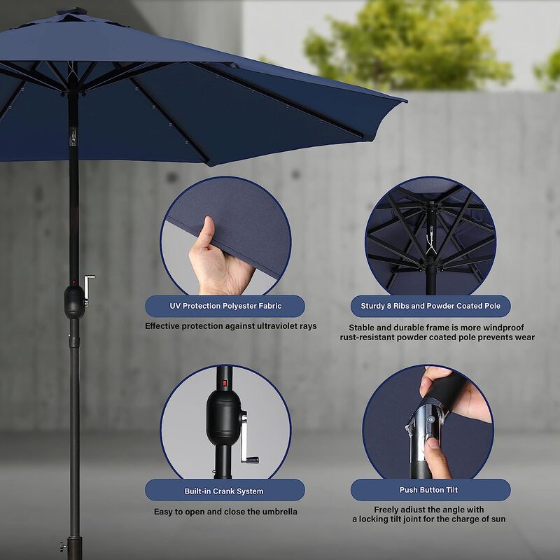 9 Ft Solar Umbrella with 32 LED Lights - Patio Umbrella for Garden, Deck, Backyard, and Pool with Push Button Tilt/Crank