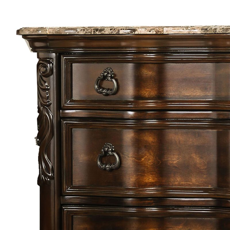 3 Drawer Wooden Nightstand with Marble Top and Scrolled Legs, Brown-Benzara