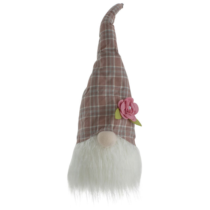 20" Pink and White Plaid Spring Gnome Head Table Top Decor