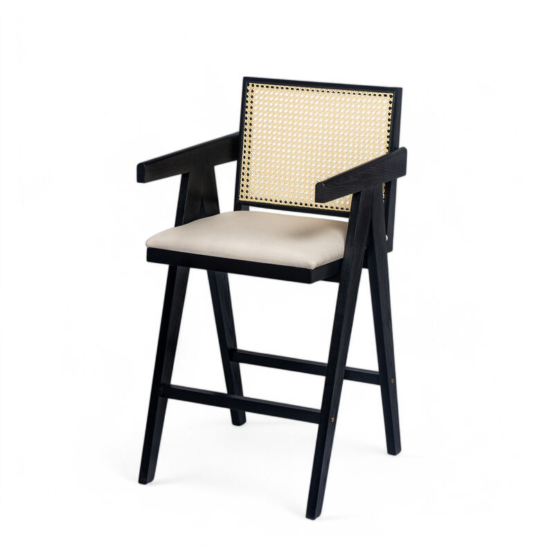 Merax Cream Woven Cane Plastic Backrest Bar Stool