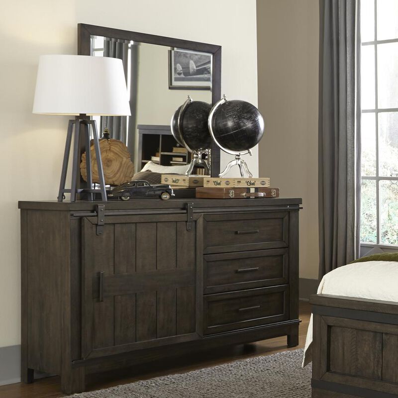 Liberty Furniture Thornwood Hills Dresser & Mirror in Rock Beaten Brown w/ Saw Cuts image number 2