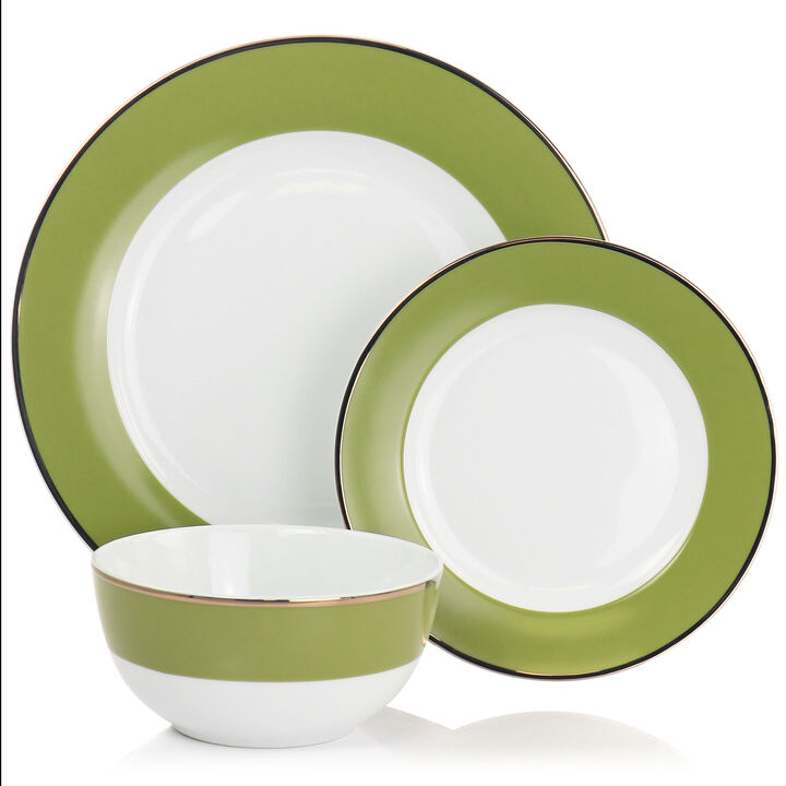Martha Stewart Gold Rimmed 12 Piece Fine Ceramic Dinnerware Set in Green