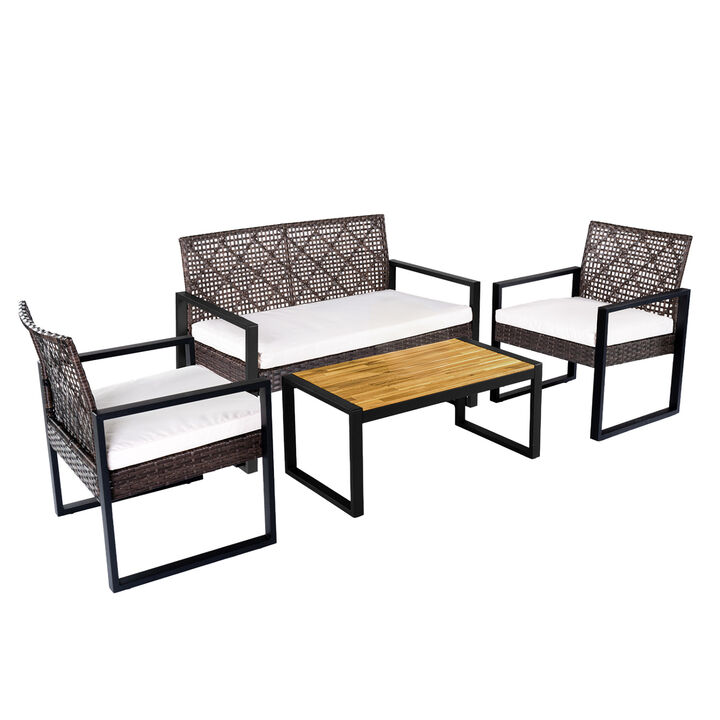 4-Piece Backyard Patio Furniture Set with Acacia Table and Wicker Chairs