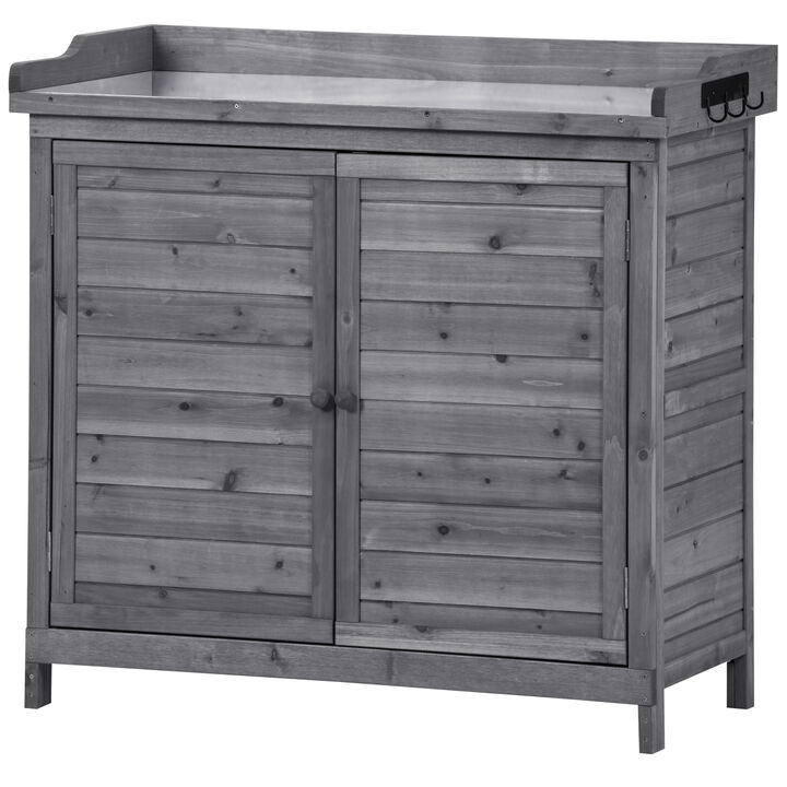 Outdoor 39" Potting Bench Table, Rustic Garden Wood Workstation Storage Cabinet Garden Shed with 2Tier Shelves and Side Hook, Grey