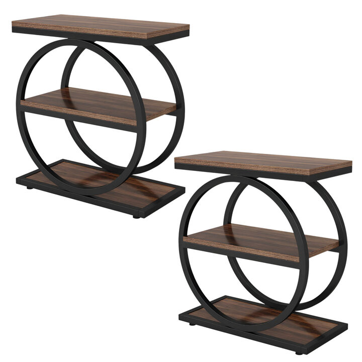 Industrial 3-Tier End Table Set of 2, Sofa Side Table with Round Metal Frame-Brown