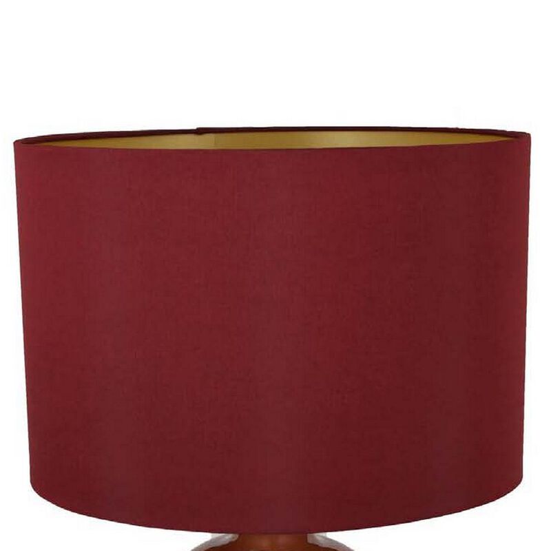 Gia 25 Inch Table Lamp, Drum Shade, Vase Shape Glass Body, Red Finish - Benzara