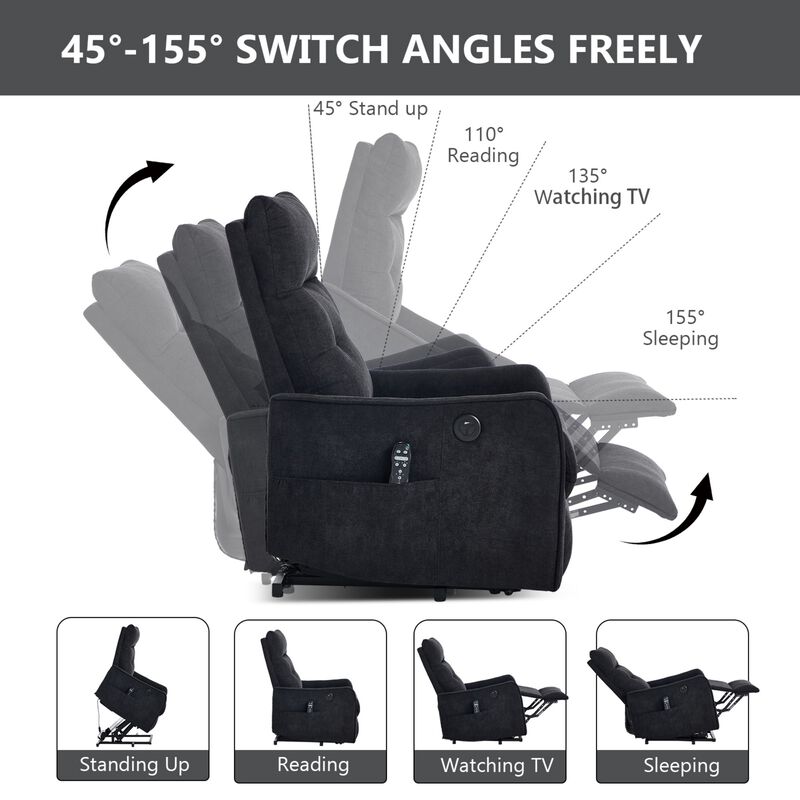 Chenille Power Lift Recliner Chair 155&deg; Recliner with Massage Heat & USB image number 6