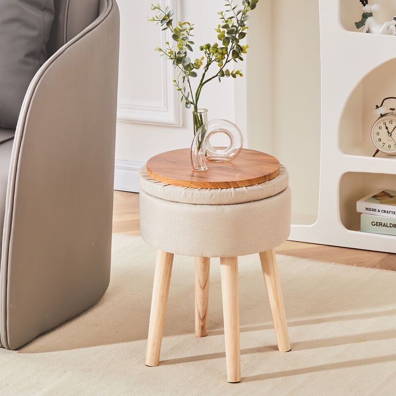 Storage Ottoman Linen Round Vanity Stool with Wood Legs – Multifunctional Foot Rest