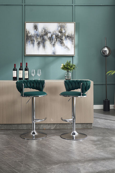 Modern Adjustable Bar Stools &ndash; Set of 2 Velvet Swivel Chairs For Indoor Bar