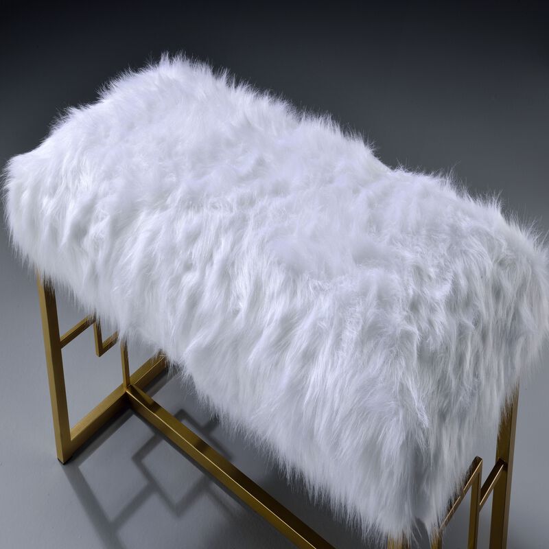 Modern Style Faux Fur Upholstered Bench with Geometrical Side Panels, White and Gold-Benzara