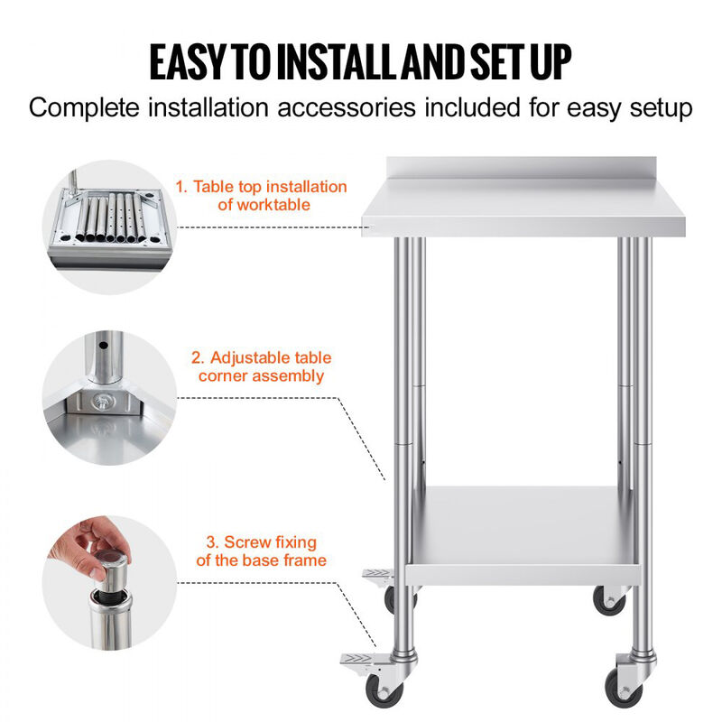 Commercial Stainless Steel Food Prep Table with Rolling Casters, Adjustable Height Utility Workbench-Silver image number 8