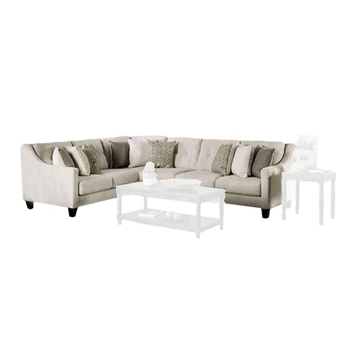 Hyna Sectional Sofa, Ivory Chenille, 9 Accent Throw Pillows, 137 Inch - Benzara
