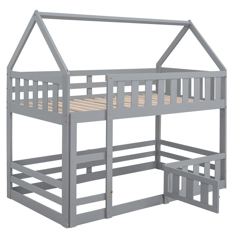 Whisen Wood Twin over Twin House-Shaped Bunk Bed with Fence with Door and Ladder - White