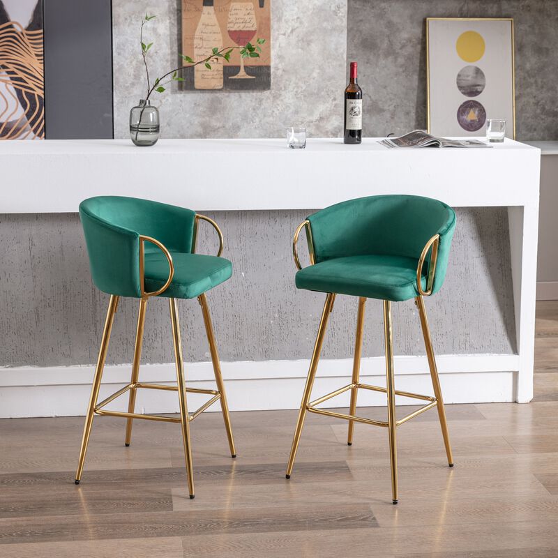 26 Inch Set of 2 Velvet Bar Stools with Chrome Footrest and Golden Base Counter Height Stools image number 8