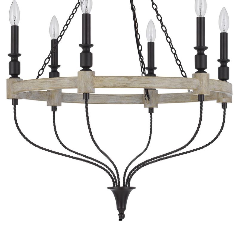 Omy 26 Inch Chandelier, Distressed Wood Wheel Candelabra Design, Black - Benzara