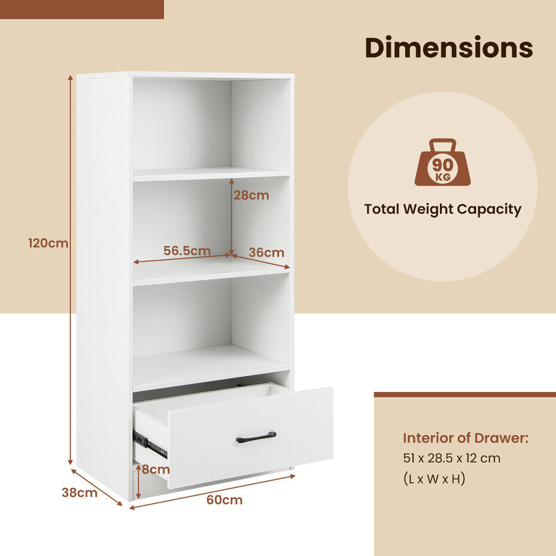 4 Tiers Wood Bookcase with Drawer