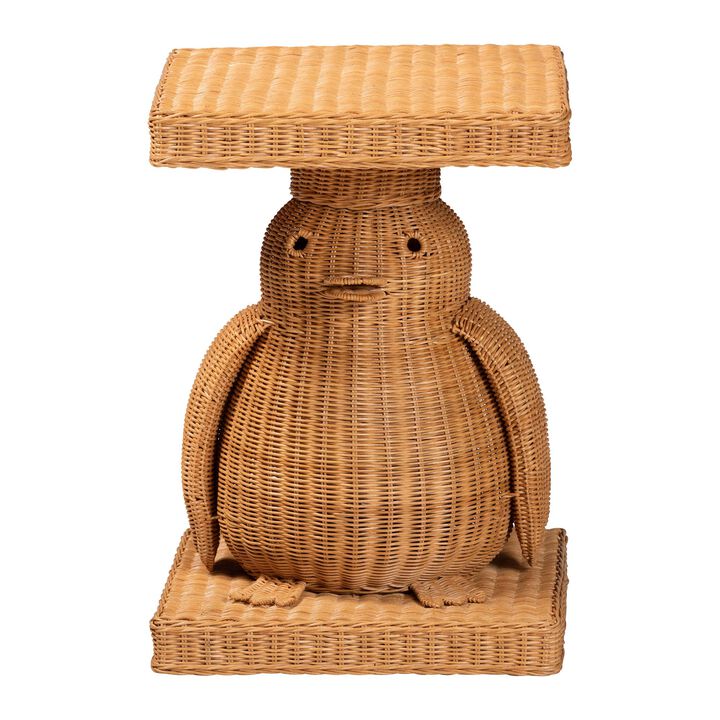bali & pari Pembroke Penguin End Table - Handwoven Rattan Sculptural Accent Side Table with Platform Base