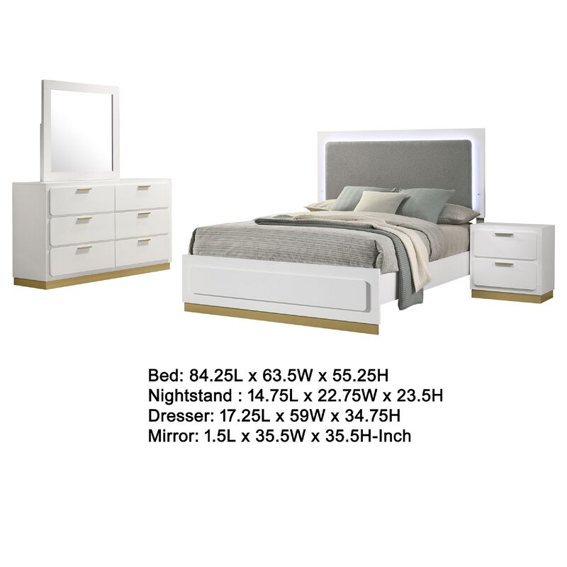 Caer 4pc Queen Bedroom Set in White, Gold Accents, Gray Upholstery