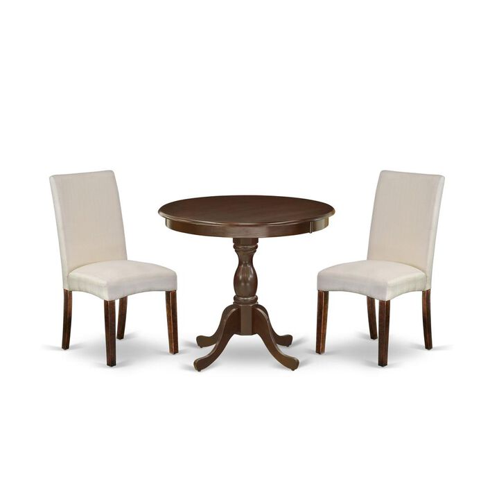 AMDR3-MAH-01 3 Piece Dining Table Set - 1 Wooden Dining Table and 2 Cream Padded Chairs - Mahogany Finish