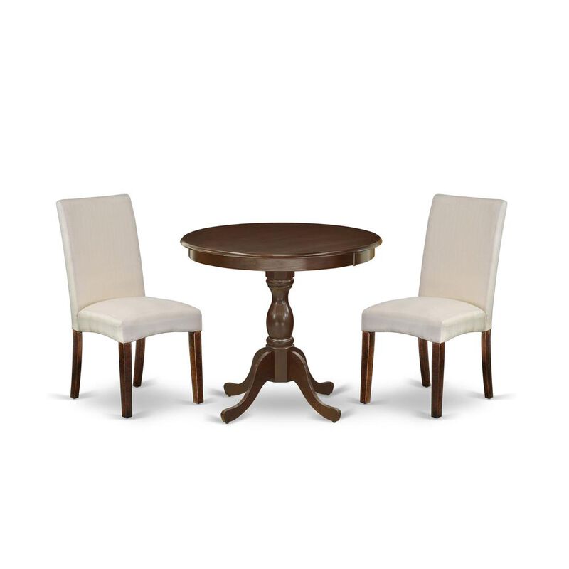 AMDR3-MAH-01 3 Piece Dining Table Set - 1 Wooden Dining Table and 2 Cream Padded Chairs - Mahogany Finish