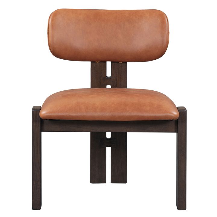Tyna 25 Inch Dining Chair, Tan Real Leather, Armless, Brown Solid Ash Wood - Benzara