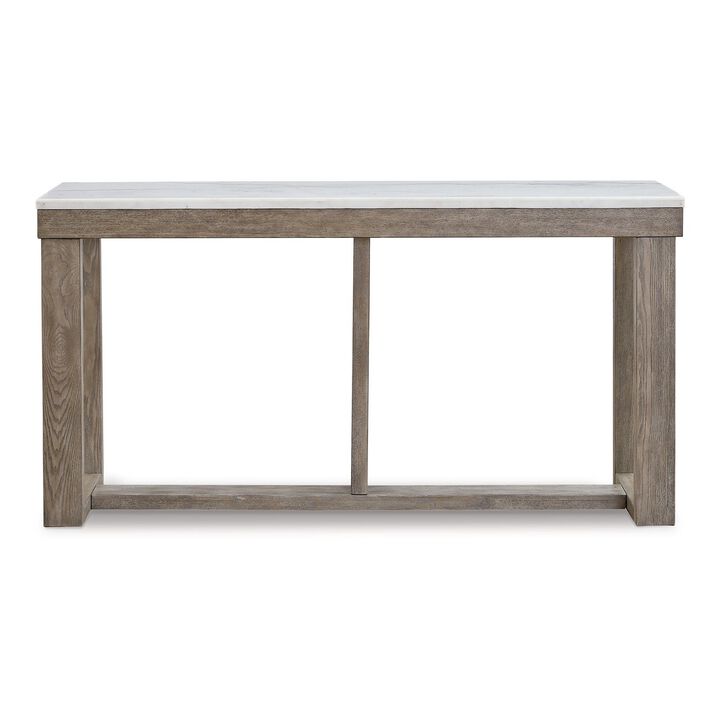 Aska Sofa Console Table, Block Profile, Marble Top, 64 Inch Taupe Gray - Benzara