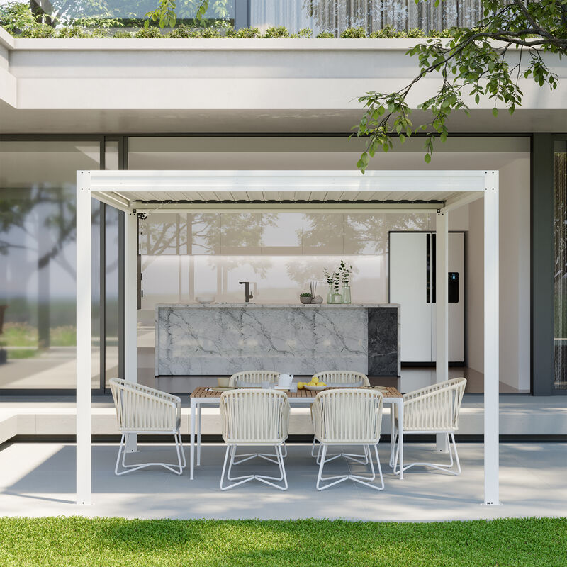 MONDAWE 10X10FT Outdoor Louvered Aluminum Pergola with Adjustable Roof and Efficient Drainage System for Patio, Deck, Garden